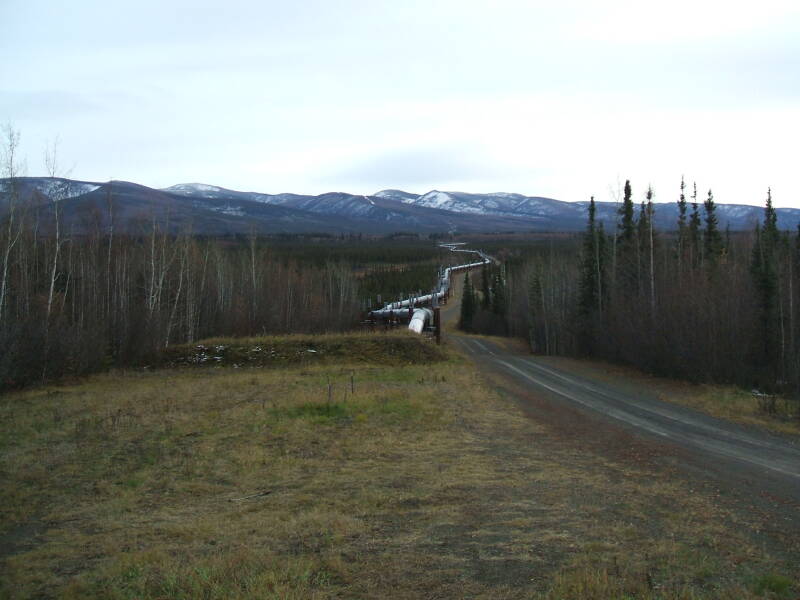 The Alyeska Pipeline, running from the North Slope of Alaska on the Arctic Ocean down to the southern coast.