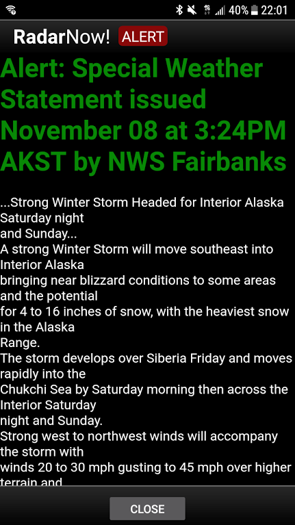 Weather report for Fairbanks, Alaska.