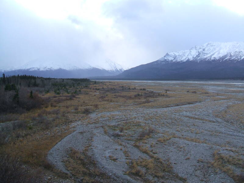 Mountains and glacial moraine in the Alaska Range between North Pole and Paxson, Alaska.
