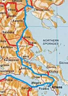 Railway map of Greece from Athens to Thessaloniki.