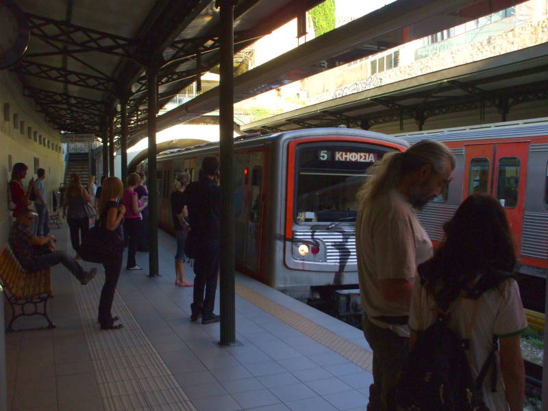 Athens Metro train arrives at the Monastiraki station.