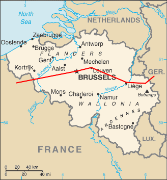 Map of Belgium showing rail line through Liege and Brussels, en route from Prague to Paris.