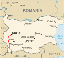 Map of Bulgaria showing rail line from Thessaloniki to Sofia