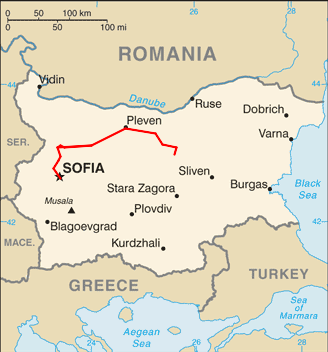 Map of Bulgaria showing rail line from Sofia through Pleven to Gorna Oryakhovitsa and Veliko Tarnovo, on its way to Varna.