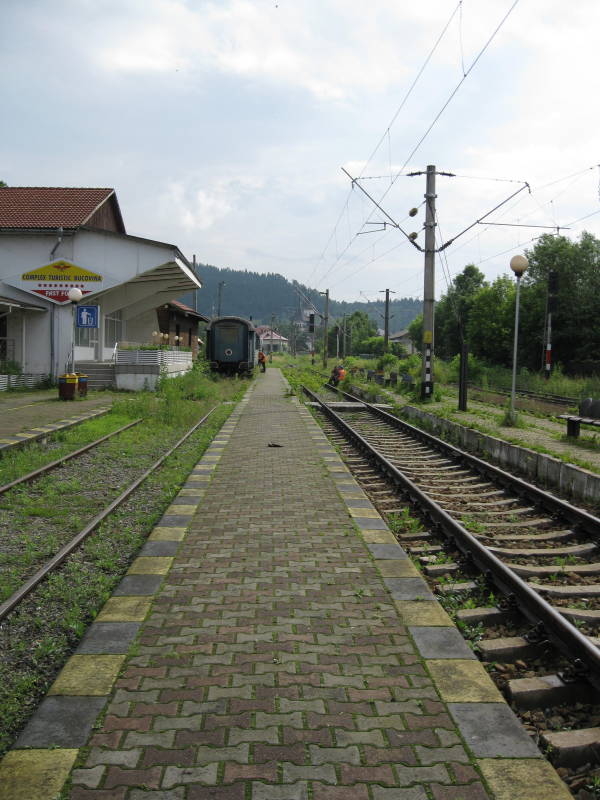 The train station platform in Gura Humorului, Romania.