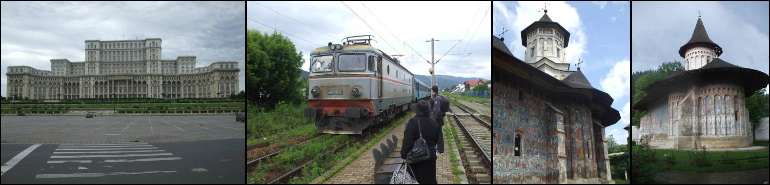 Palace of the People in Bucharest, Romania; Romanian local train pulls into Gura Humorului; Painted churches in Moldova, Bucovina, north eastern Romania;