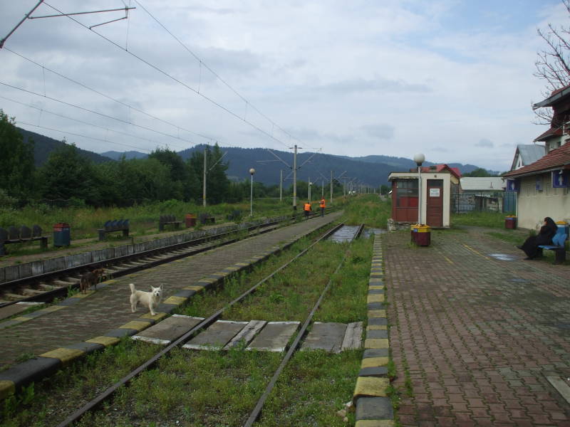 The train station platform in Gura Humorului, Romania.