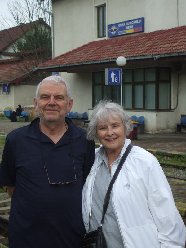 Larry and Shirley on the train station platform in Gura Humorului, Romania.