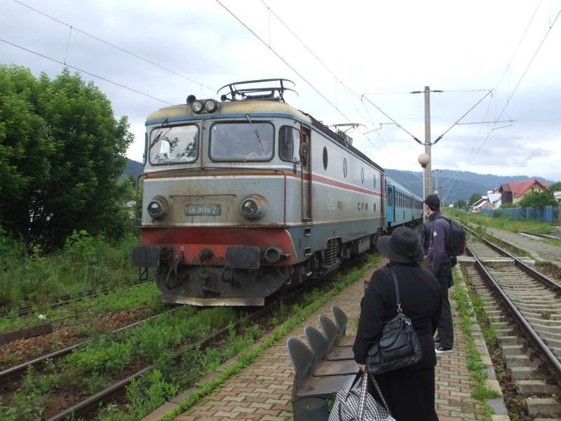 Local train pulls into the station in Gura Humorului, Romania.