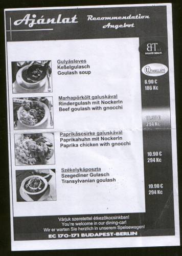 Hungarian dining car menu on board EuroCity EC 170 'Hungaria' train from Budapest to Prague.