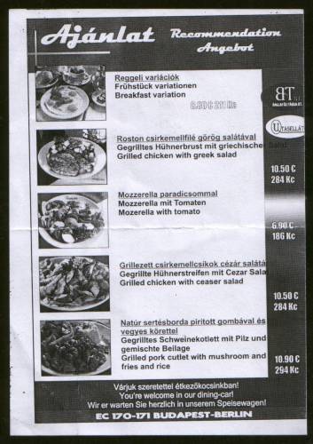 Hungarian dining car menu on board EuroCity EC 170 'Hungaria' train from Budapest to Prague.