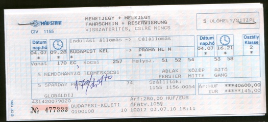 Tickets for EuroCity EC170 'Hungaria' train from Budapest to Prague.