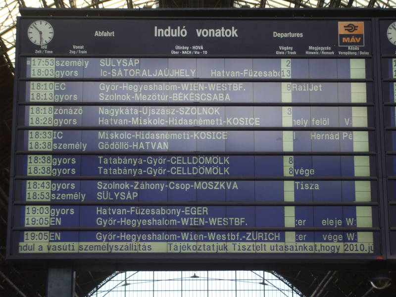 Schedule board in Budapest Keleti Pu or Eastern Train Station.