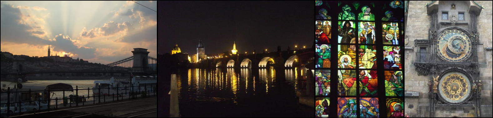 Chain Bridge and Castle Hill in Budapest; Charles Bridge in Prague at night; Mucha stained glass windows in Prague's St Vitus Cathedral; elaborate mechanical clock in Prague's Staromĕstské Námĕstí.