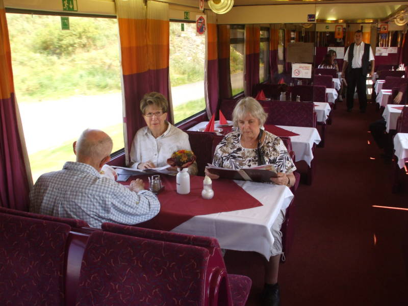 Hungarian dining car on board EuroCity EC 170 'Hungaria' train from Budapest to Prague.