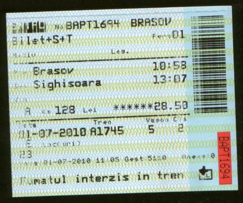 Romanian train ticket: Braşov to Sighişoara.