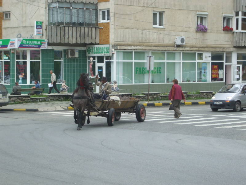 Horse pulling a wagon through a town in northern Romania.