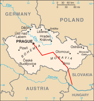 Map of Czech Republic showing rail line from Budapest to Prague.