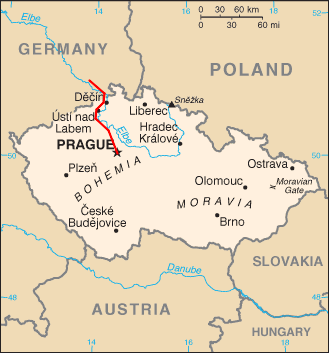 Map of Czech Republic showing rail line from Prague into Germany.