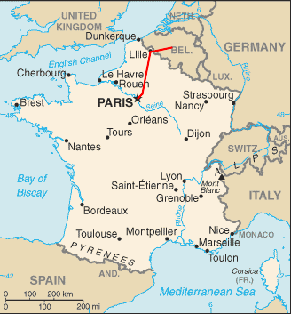 Map of France showing rail line from Brussels to Paris.