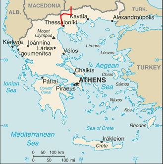 Map of Greece showing rail line from Thessaloniki to Sofia
