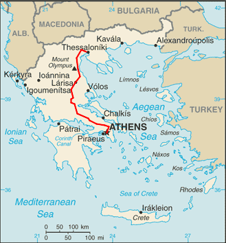 Map of Greece showing Athens, Thessaloniki, and Macedonia, and the rail route from Athens to Thessaloniki.
