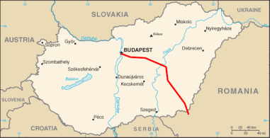 Map of Hungary showing rail line from Romania to Budapest.