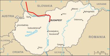 Map of Hungary showing rail line from Budapest to Prague.
