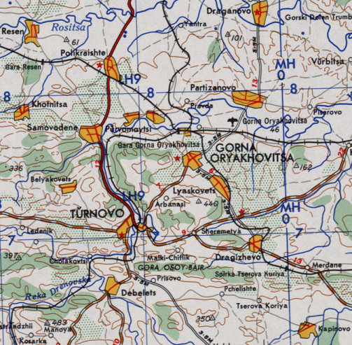 Map of area around Gorna Oryakhovitsa, Bulgaria.