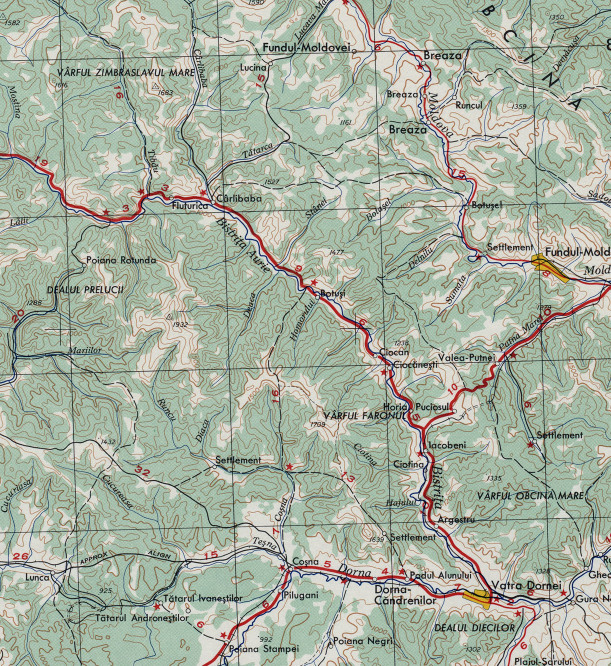 Map of Romania showing highway through the Carpathian Mountains from Gura Humorului and Bucovina to Bistriţa: Campulung through Fluturica.