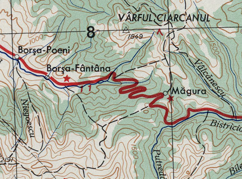 Map of Romania showing highway through the Carpathian Mountains from Gura Humorului and Bucovina to Bistriţa: Switchbacks between Măgura and Barşa-Fântâna.