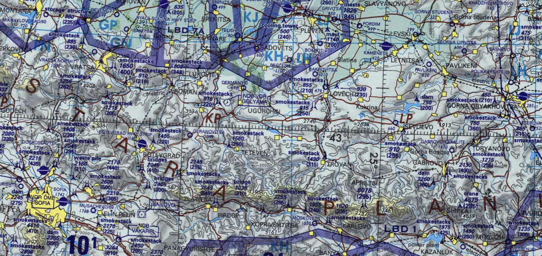 Operational Navigational Chart ONC F-3 cropped to show Sofia, Plevin, Gorna Oryakhovitsa and Veliko Tarnovo, Bulgaria.