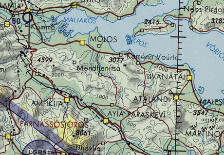 Small area of Operational Navigational Chart ONC G-3 near Lamia in Greece.