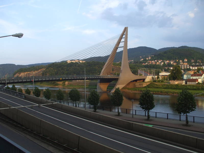 View of the Mariansky Bridge in Ústí nad Labem, from the City Night Line train along the Elbe River from Prague to Köln or Cologne and Amsterdam.