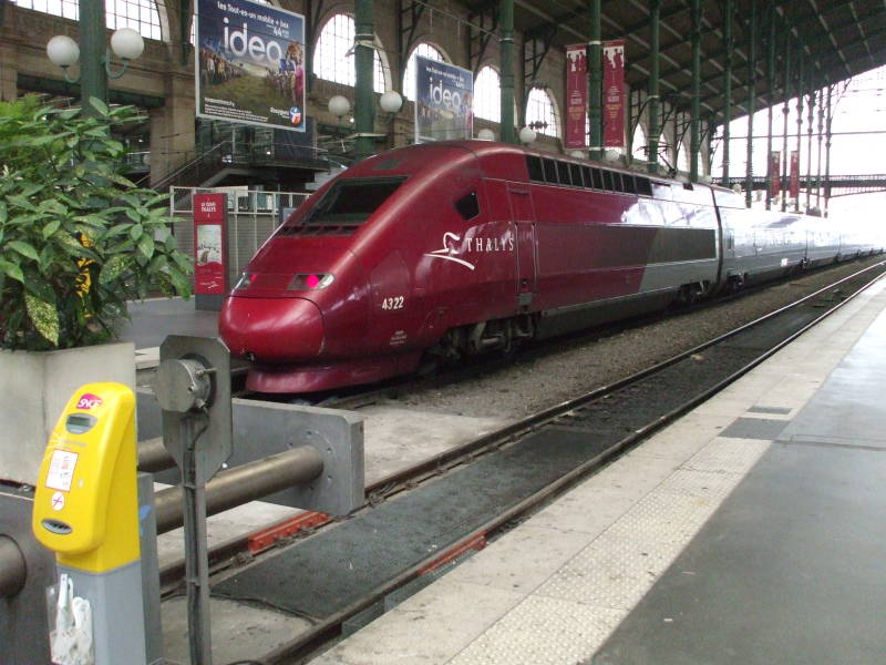 Belgian Thalys high-speed train on the platform in Paris Gare du Nord.