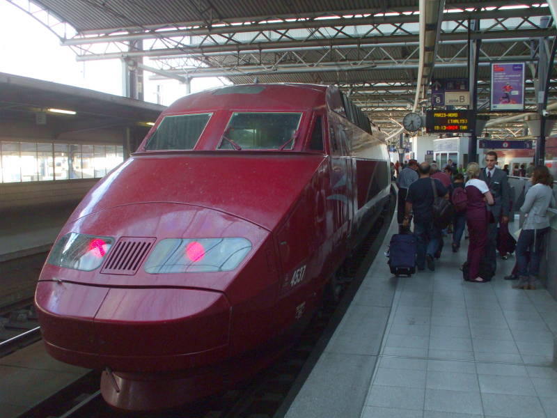 Belgian Thalys high-speed train on the platform in Brussels Midi station.