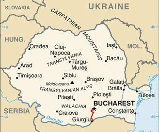 Map of Romania showing rail line from the Bulgarian border to Bucharest.