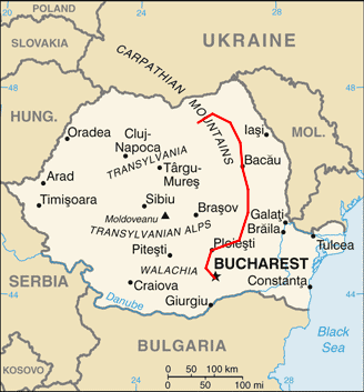 Map of Romania showing rail line from Bucharest through Suceava to Gura Humorului.
