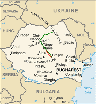 Map of Romania showing highway through the Carpathian Mountains from Gura Humorului and Bucovina and the rail line from Braşov to Sighişoara.