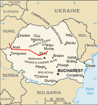 Map of Romania showing rail line from Sighiş to Budapest.