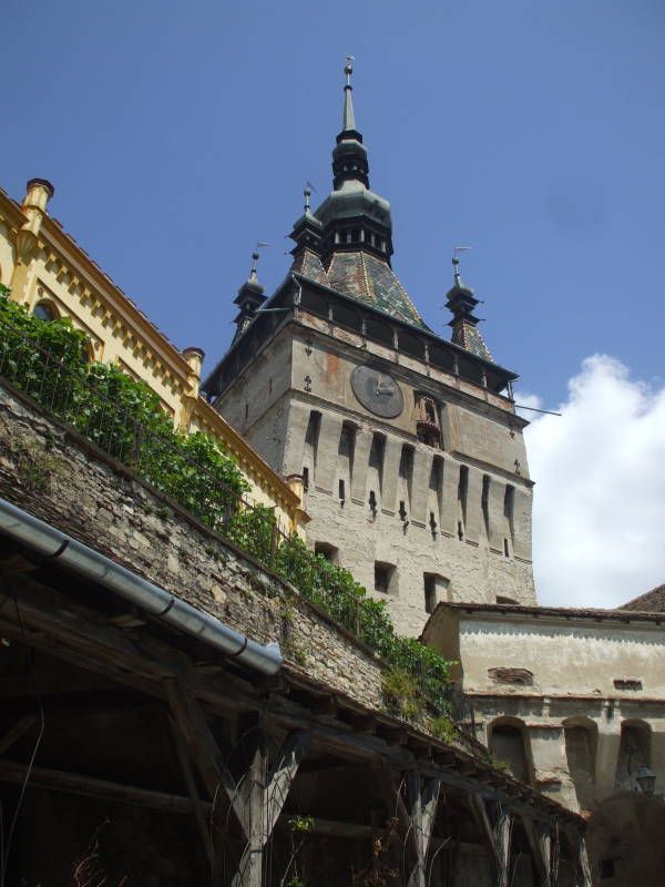 Town hall tower in Sighişoara, Romania, in Transylvania.