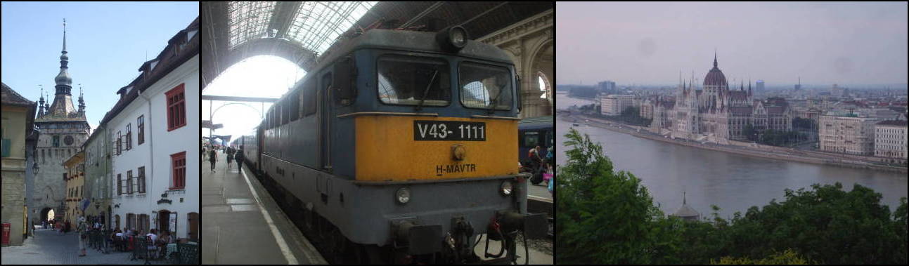 Town hall in Sighişoara; Hungarian locomotive in Budapest; Parliament building in Budapest.