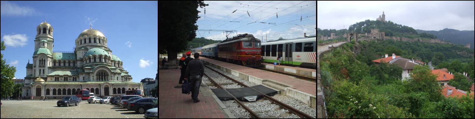 Aleksandr Nevsky Cathedral in Sofia; Turkish-Bulgarian train in Veliko Tarnovo, Bulgaria; Tsarovets Fortress in Veliko Tarnovo, Bulgaria.