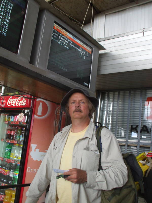 Buying a ticket in the Sofia, Bulgaria train station.