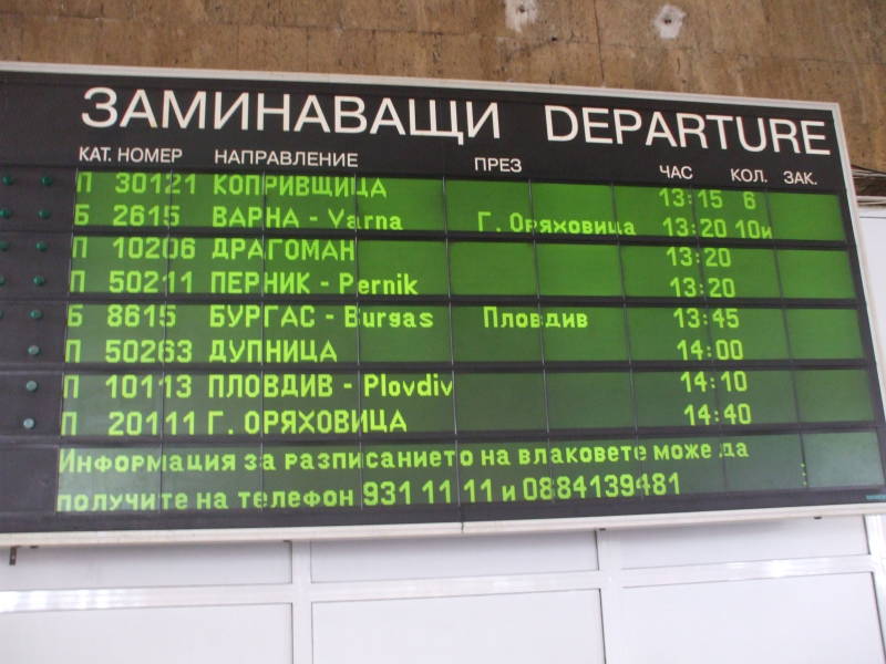 Departure schedule board in the Sofia, Bulgaria train station.