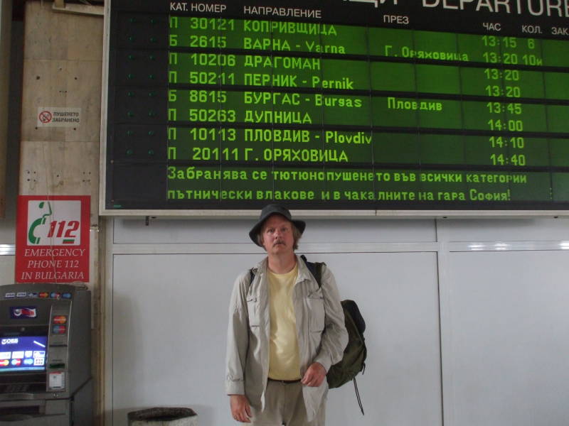Departure schedule board in the Sofia, Bulgaria train station.