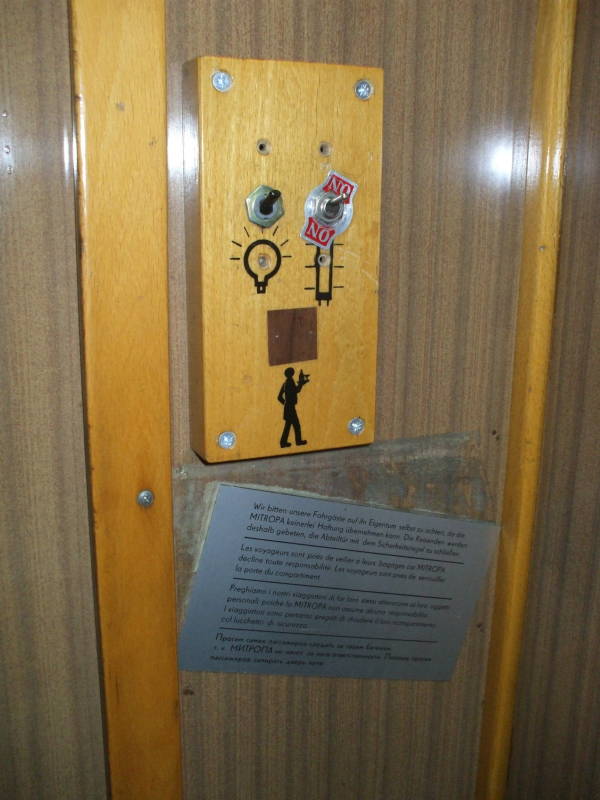 Light switches inside a Bulgarian sleeper or pullman passenger car.