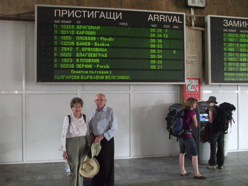 Arrival and departure schedule sign boards at the Sofia train station.