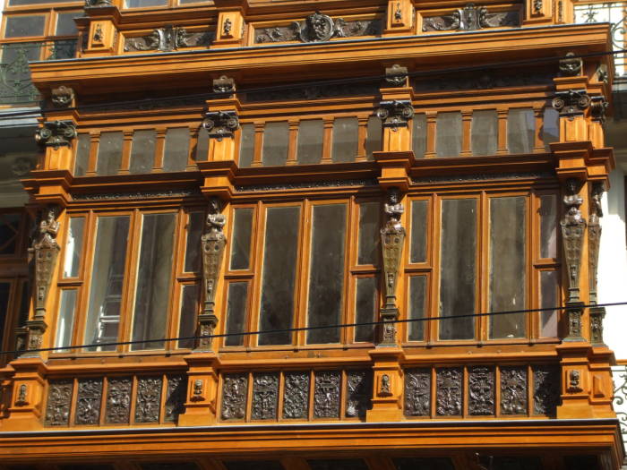 Art Nouveau architecture details along the Rue Royale in Brussels.