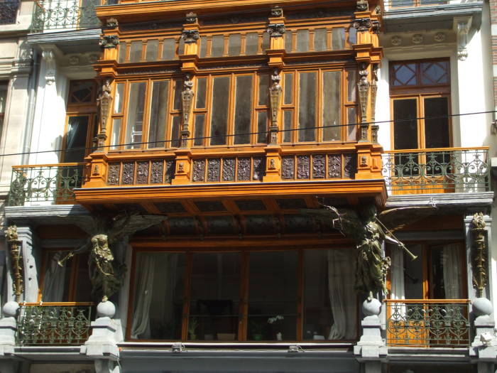 Art Nouveau architecture details along the Rue Royale in Brussels.